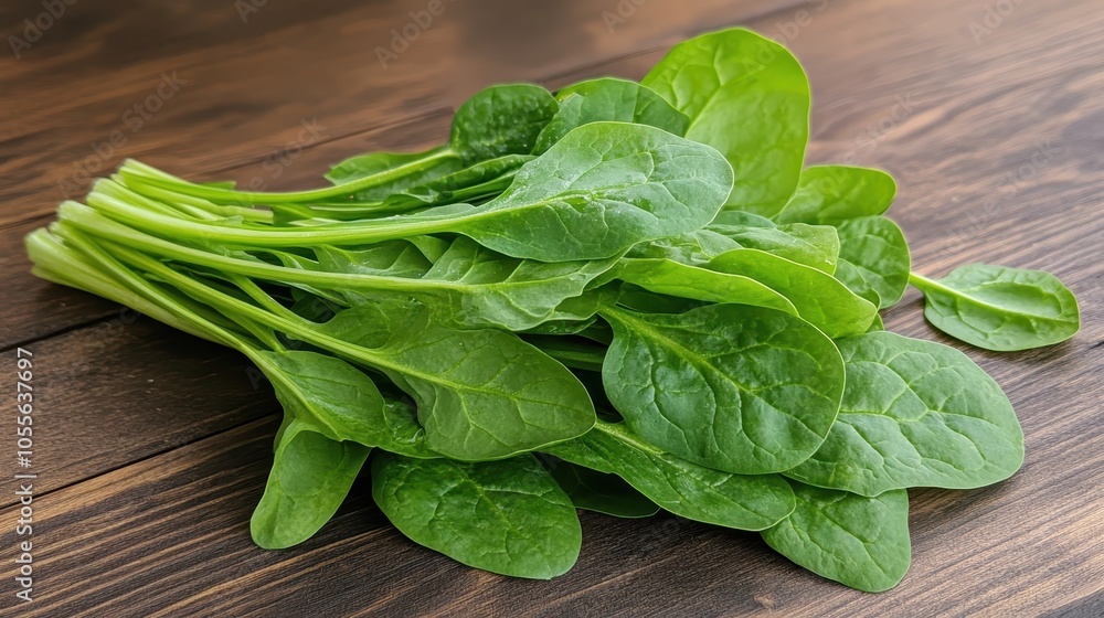 A bundle of fresh, vibrant spinach leaves spread out on a rustic wooden surface. Perfect for healthy meals, this green vegetable offers nutrients and flavor. A bundle of fresh, vibrant spinach leaves spread out on a rustic wooden surface. Perfect for healthy meals, this green vegetable offers nutrients and flavor.