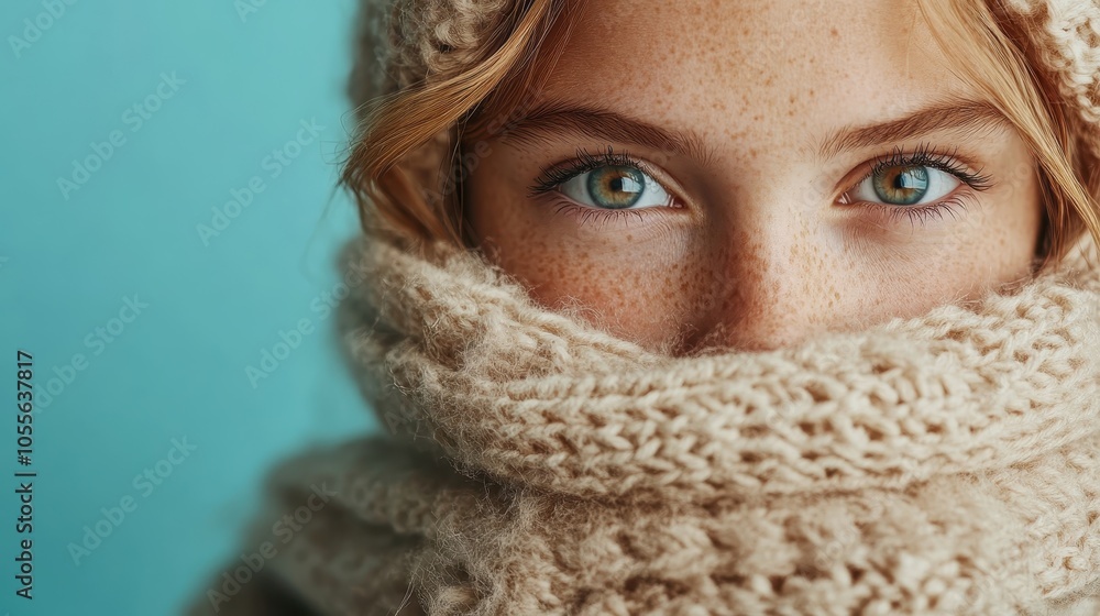 A close-up image highlighting a young person’s eyes and freckles peeking above a thick, beige scarf, the backdrop a soft blue, creating a cozy winter vibe. A close-up image highlighting a young person’s eyes and freckles peeking above a thick, beige scarf, the backdrop a soft blue, creating a cozy winter vibe.