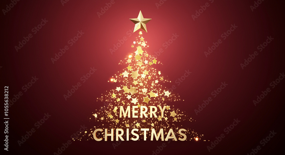 Christmas tree with golden stars and Merry Christmas text glowing in festive holiday spirit Christmas tree with golden stars and Merry Christmas text glowing in festive holiday spirit