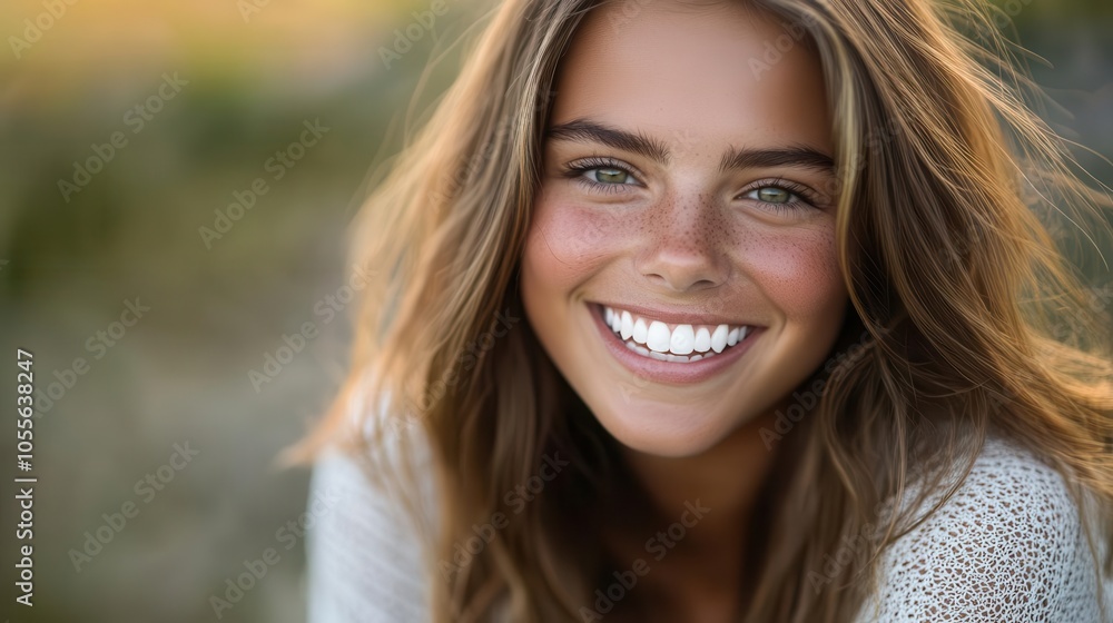 Young woman s open smile, flawless white teeth, casual outdoor setting, natural glow Young woman s open smile, flawless white teeth, casual outdoor setting, natural glow