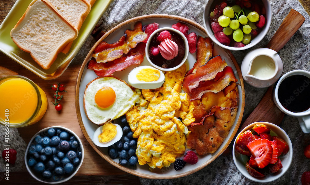 A top-down view of a vibrant healthy breakfast spread, featuring scrambled eggs, bacon, toast, and fresh fruit A top-down view of a vibrant healthy breakfast spread, featuring scrambled eggs, bacon, toast, and fresh fruit