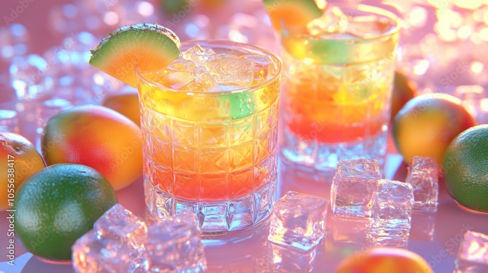 Two brightly colored summer cocktails sit on a table surrounded by ice cubes and fresh fruits, inviting enjoyment under the warm afternoon sun Two brightly colored summer cocktails sit on a table surrounded by ice cubes and fresh fruits, inviting enjoyment under the warm afternoon sun