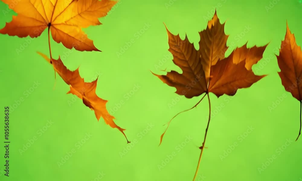 Golden and red maple leaves gently drifting down from above, swirling softly in the breeze, set on a green screen background. Golden and red maple leaves gently drifting down from above, swirling softly in the breeze, set on a green screen background.