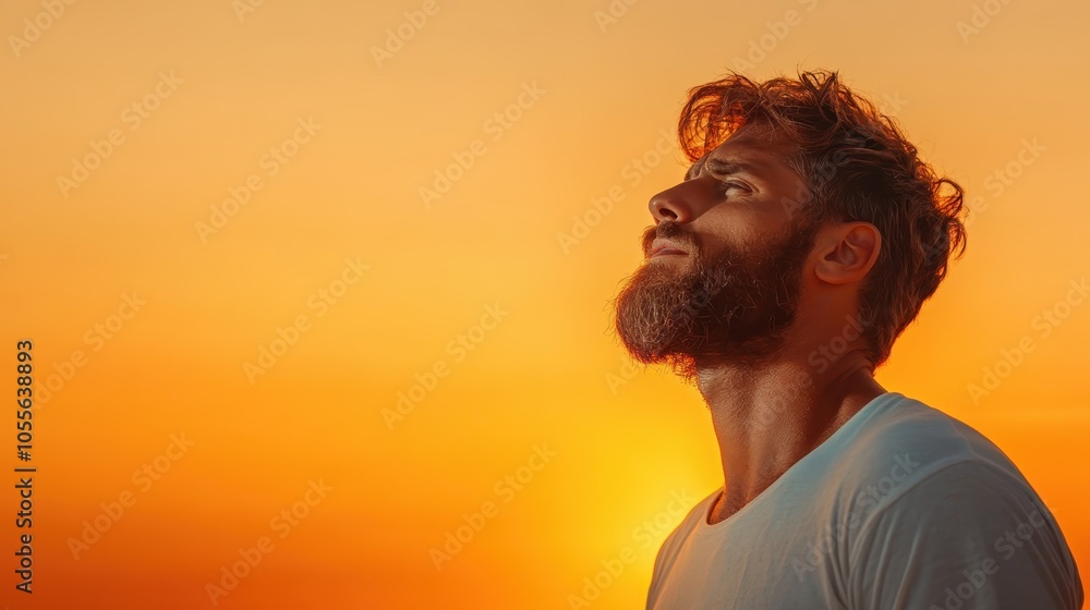 A bearded man's side profile is silhouetted against a sunset sky, conveying deep thought and cherishing the peaceful ambiance of the closing day. A bearded man's side profile is silhouetted against a sunset sky, conveying deep thought and cherishing the peaceful ambiance of the closing day.