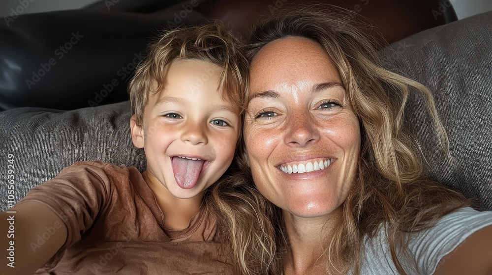 A joyful mother and child capture a selfie while relaxed on a couch, their cheerful smiles light up the frame, embodying happiness, love, and family bonding. A joyful mother and child capture a selfie while relaxed on a couch, their cheerful smiles light up the frame, embodying happiness, love, and family bonding.