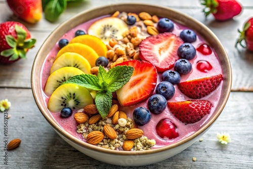 Healthy and colorful plant-based smoothie bowl with fruit and granola, smoothie, granola, plant based, fruit, wellness photo