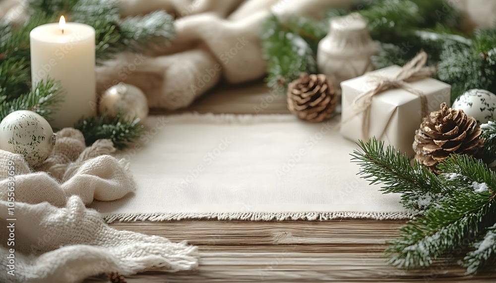 Christmas still life with candle, gift box and pine cones. Christmas still life with candle, gift box and pine cones.
