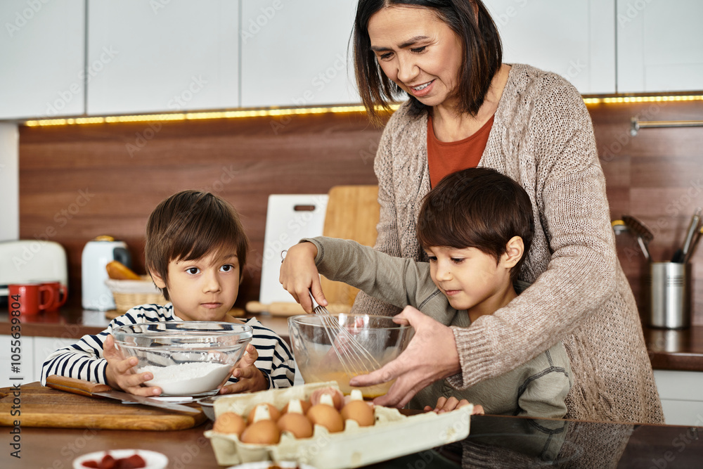 A grandmother joyfully teaches her grandsons to bake festive treats together in a warm kitchen. A grandmother joyfully teaches her grandsons to bake festive treats together in a warm kitchen.