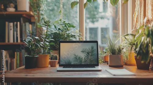 A laptop sits open on a wooden desk surrounded by various potted plants, in front of a bright, sunlit window.