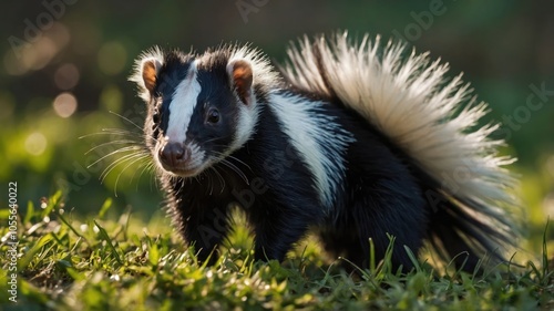 A close-up of a skunk with distinctive black and white fur in a grassy setting. photo