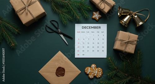 Holiday decorations with Christmas calendar gifts and festive elements on green background photo