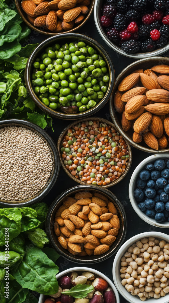 Nutritious arrangement of vegan ingredients featuring nuts, berries, and legumes for culinary inspiration Nutritious arrangement of vegan ingredients featuring nuts, berries, and legumes for culinary inspiration