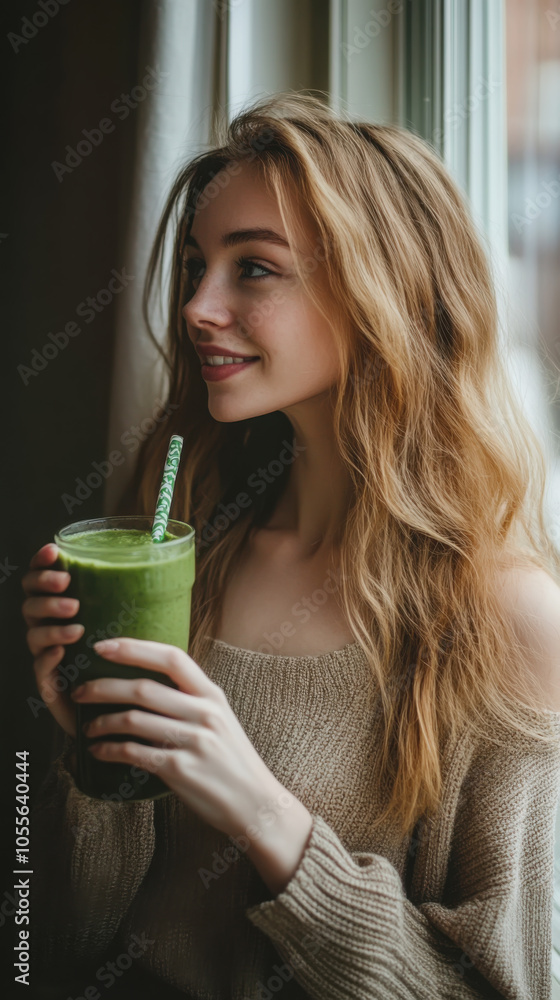 Young woman enjoying a healthy green smoothie by the window Young woman enjoying a healthy green smoothie by the window