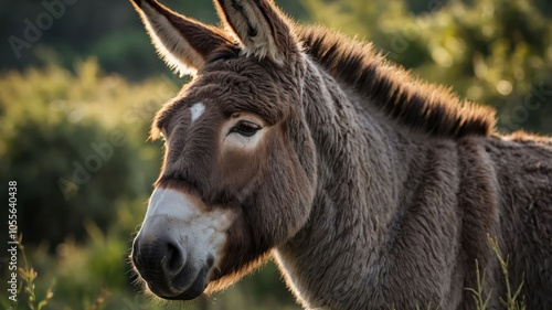 A close-up of a donkey's face amidst a natural background.