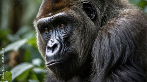 A close-up of a gorilla's face, showcasing its expressive eyes and textured fur.