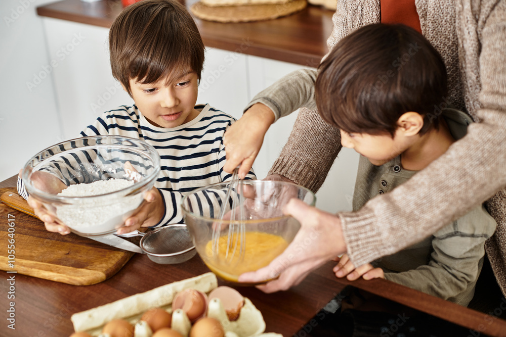 A joyful grandmother shares quality time with her grandsons, baking before Christmas in a warm kitchen. A joyful grandmother shares quality time with her grandsons, baking before Christmas in a warm kitchen.