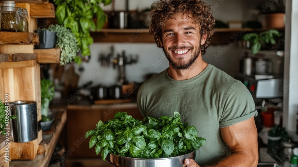 A man with a friendly smile and curly hair holds a bowl of fresh basil, surrounded by kitchen plants, giving a sense of warmth and hospitality. A man with a friendly smile and curly hair holds a bowl of fresh basil, surrounded by kitchen plants, giving a sense of warmth and hospitality.