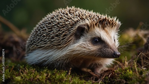 A close-up of a hedgehog on moss, showcasing its spines and cute facial features. photo