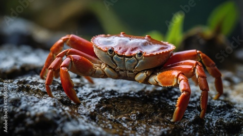 A close-up of a vibrant crab on a rocky surface, showcasing its detailed features.