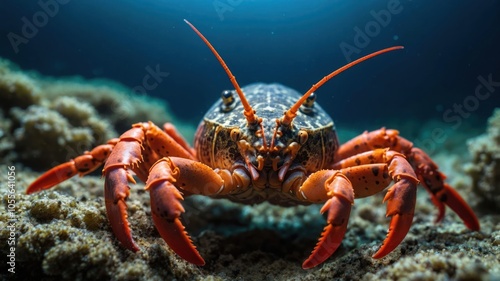 A close-up of a vibrant lobster on the ocean floor, showcasing its details and colors.