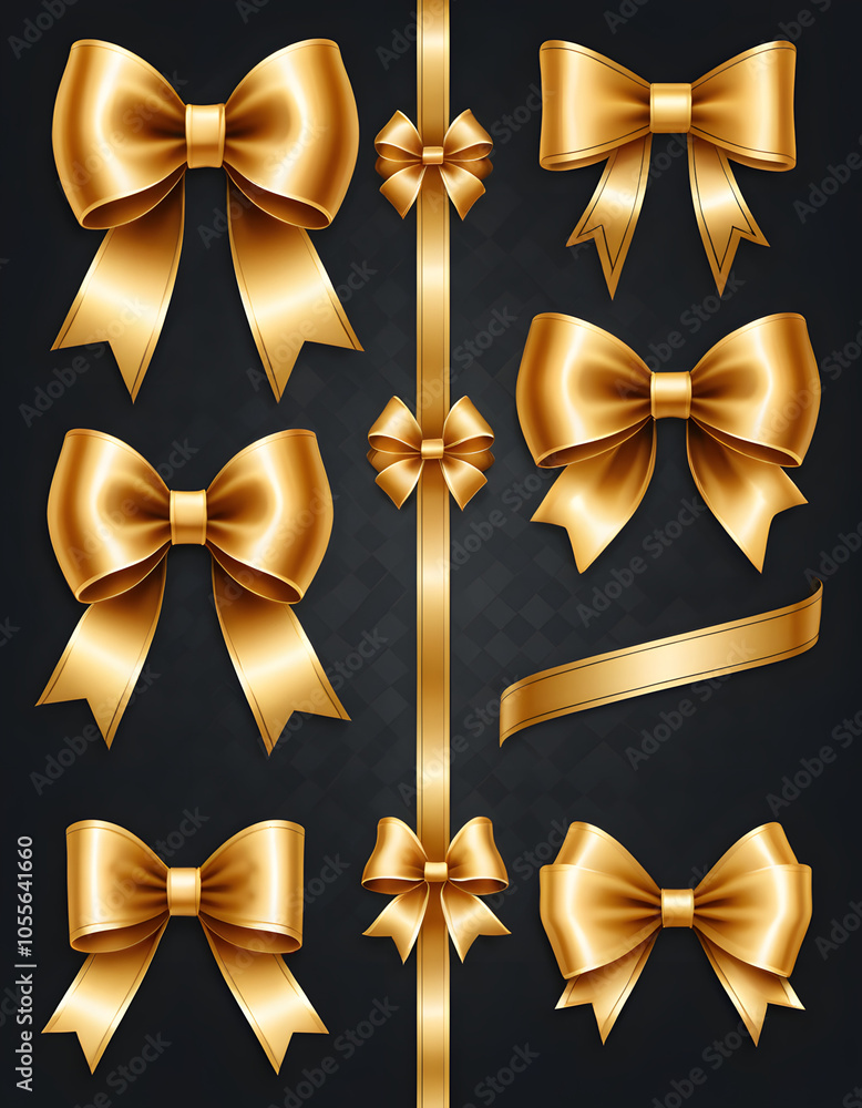 Collection of gold ribbons and bows in various styles on a black background
Collection of gold ribbons and bows in various styles on a black background
