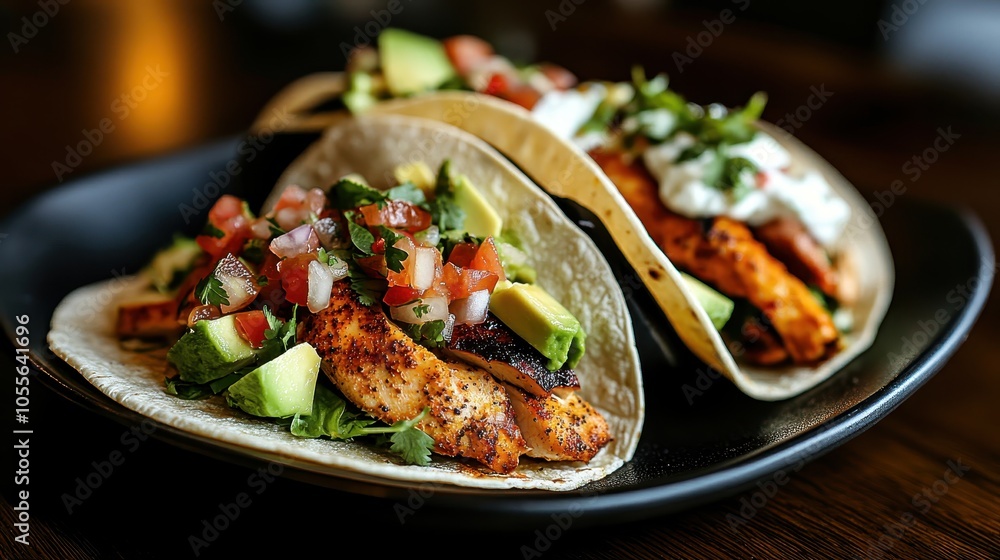 A close-up shot of flavorful tacos filled with seasoned spices, avocado chunks, diced tomatoes, cilantro, and a hint of lime, showcasing culinary creativity and taste. A close-up shot of flavorful tacos filled with seasoned spices, avocado chunks, diced tomatoes, cilantro, and a hint of lime, showcasing culinary creativity and taste.