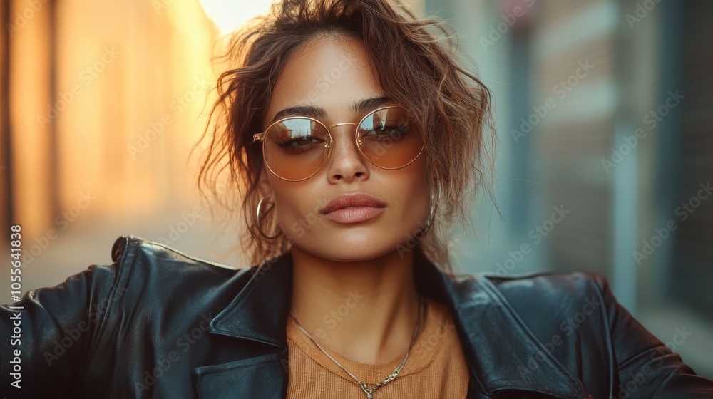 A cool and trendy woman wearing sunglasses stands in an urban setting during the golden hour, the backdrop bathed in soft, warm tones, suggesting adventure. A cool and trendy woman wearing sunglasses stands in an urban setting during the golden hour, the backdrop bathed in soft, warm tones, suggesting adventure.