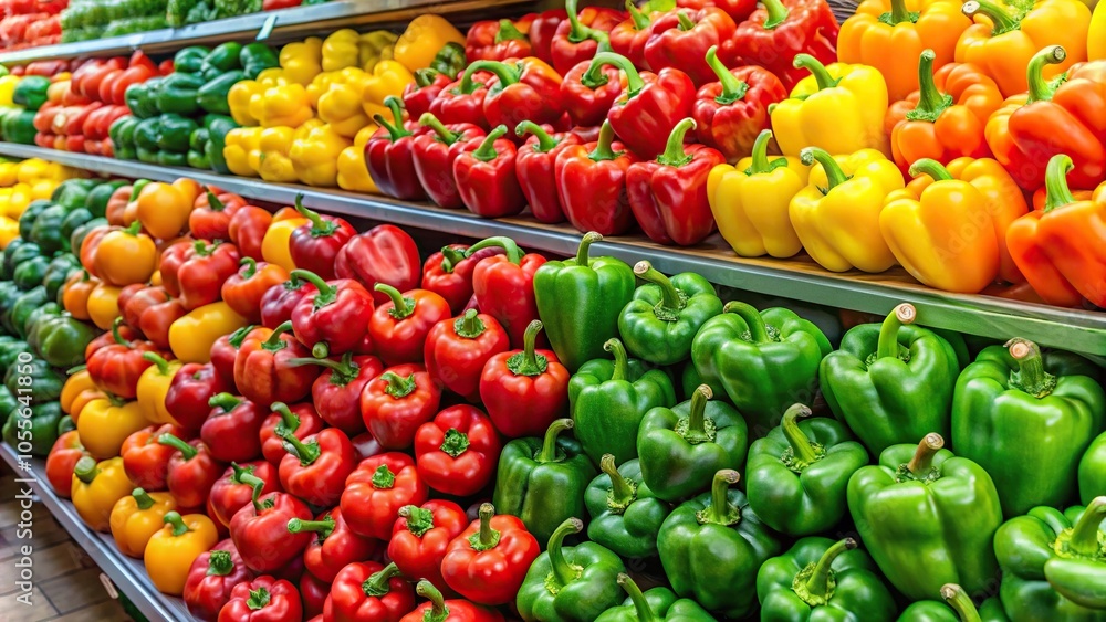 Fresh red yellow green giant paprika on shelf in supermarket Fresh red yellow green giant paprika on shelf in supermarket