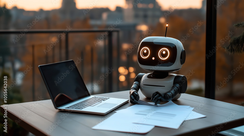 Small robotic toy with glowing eyes seated at a desk with a laptop and documents in a modern workspace environment Small robotic toy with glowing eyes seated at a desk with a laptop and documents in a modern workspace environment