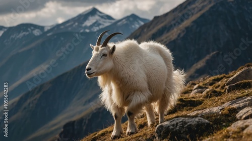 A majestic white goat stands on rocky terrain with mountains in the background.