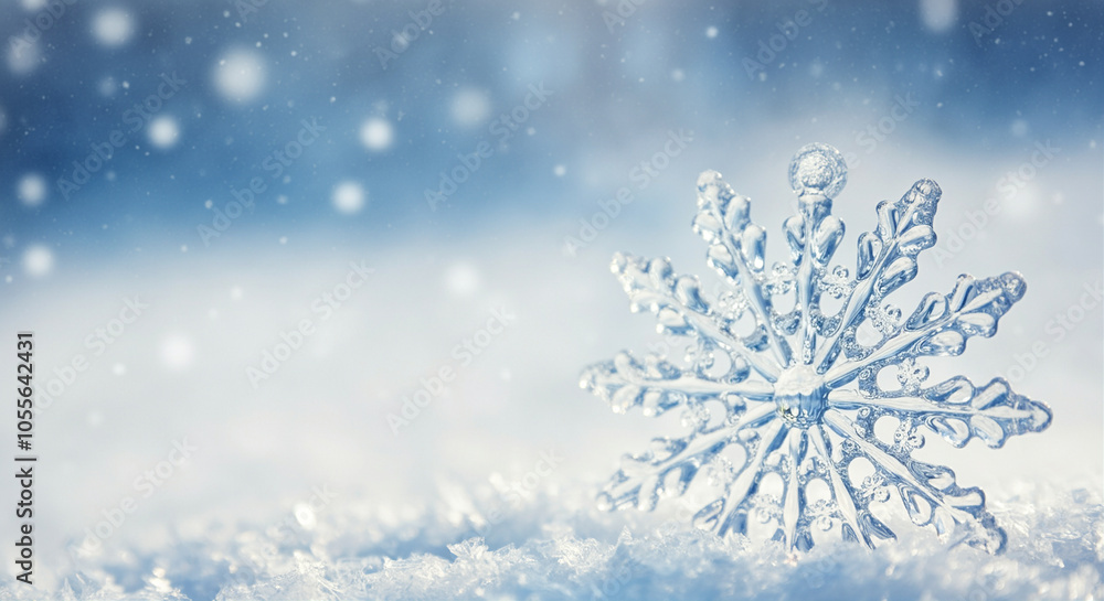 Snowflake in winter landscape with soft focus and falling snow Snowflake in winter landscape with soft focus and falling snow