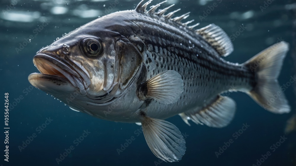 A close-up view of a striped bass swimming underwater. A close-up view of a striped bass swimming underwater.