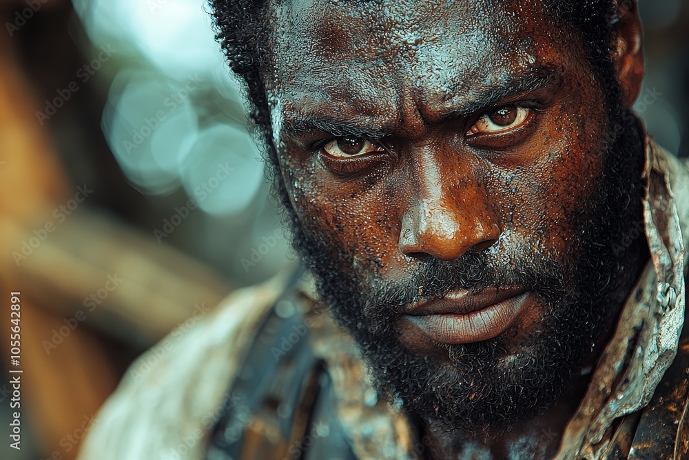 Intense close-up of determined man with muddy face expressing strength and resilience Intense close-up of determined man with muddy face expressing strength and resilience