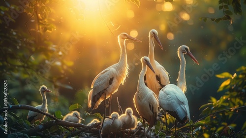 A family of storks perched on a tree branch with the setting sun behind them.