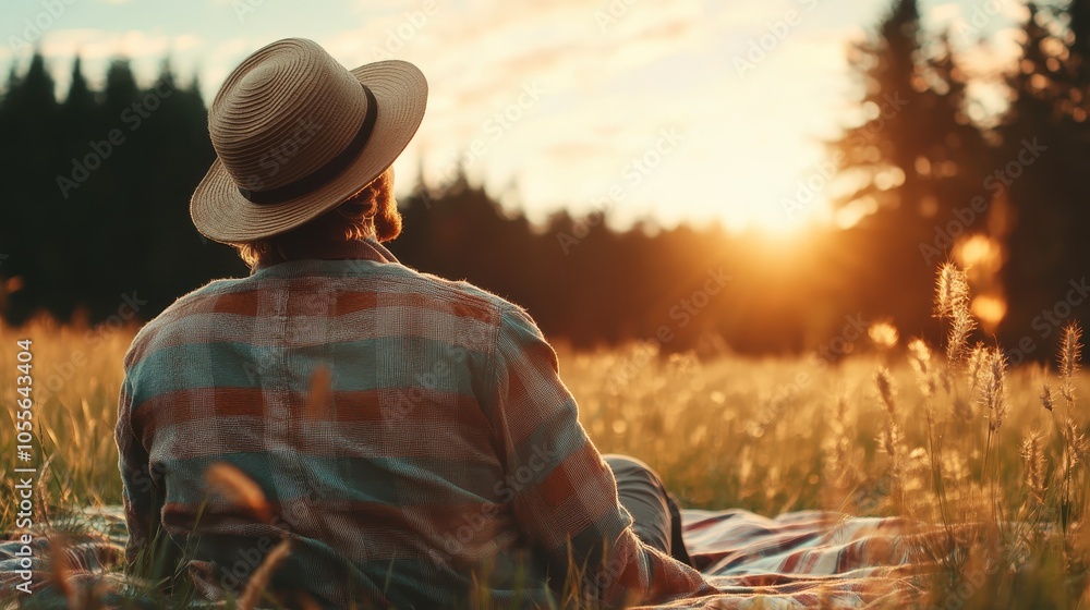 A person in a plaid shirt and hat sits on a blanket in a field, enjoying the beautiful sunset, surrounded by golden grass and distant trees under a calm sky. A person in a plaid shirt and hat sits on a blanket in a field, enjoying the beautiful sunset, surrounded by golden grass and distant trees under a calm sky.
