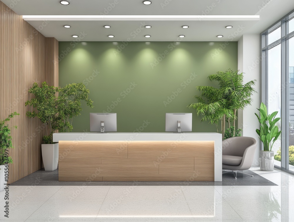 Sage green feature walls combined with sleek white furniture and light wood accents in a modern receptionist space Sage green feature walls combined with sleek white furniture and light wood accents in a modern receptionist space