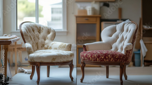 Reupholstering chairs: side view of fabric transformation in progress for home décor photo