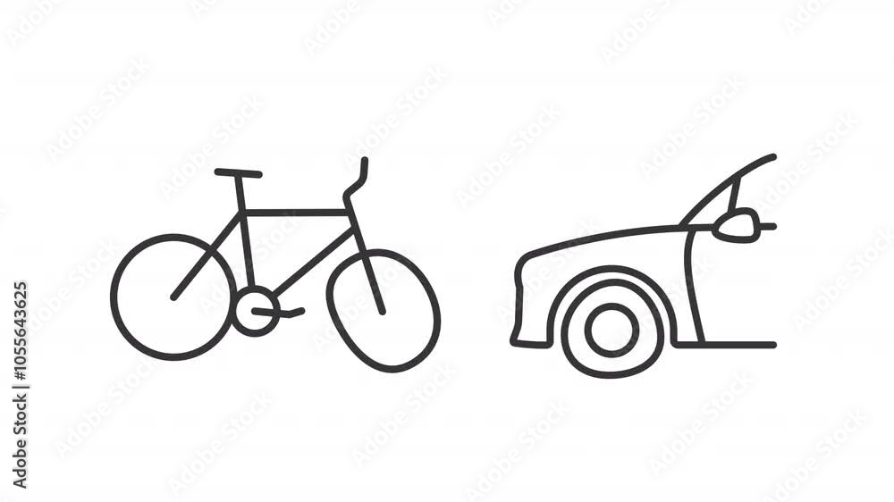Collision with bike line animation. Animated road accident with bicycle icon. Accident involving cyclist and car. Black illustration on white background. HD video with alpha channel. Motion graphic Collision with bike line animation. Animated road accident with bicycle icon. Accident involving cyclist and car. Black illustration on white background. HD video with alpha channel. Motion graphic