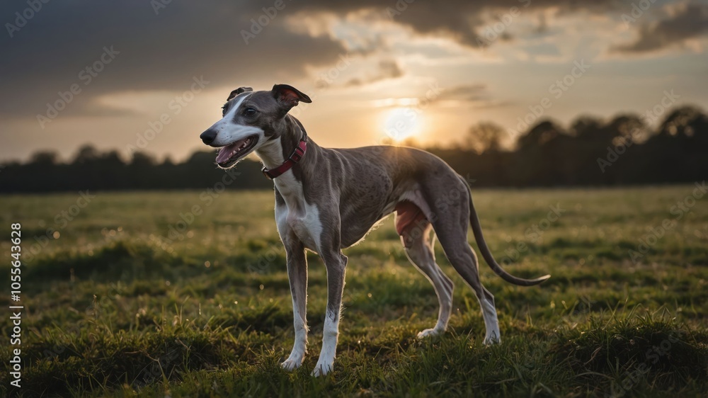 A dog stands in a field at sunset, showcasing a serene outdoor moment. A dog stands in a field at sunset, showcasing a serene outdoor moment.