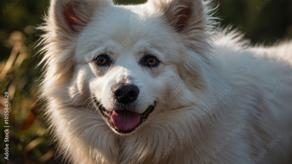A close-up of a fluffy white dog with a happy expression. A close-up of a fluffy white dog with a happy expression.