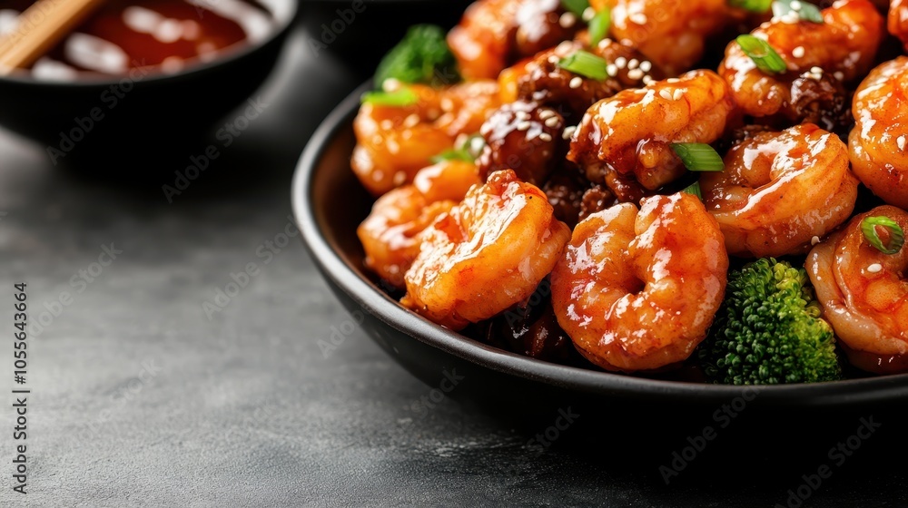 Tender beef and juicy shrimp come together in a tantalizing glaze, accompanied by fresh broccoli and garnished with chives for a delectable and artful plate. Tender beef and juicy shrimp come together in a tantalizing glaze, accompanied by fresh broccoli and garnished with chives for a delectable and artful plate.