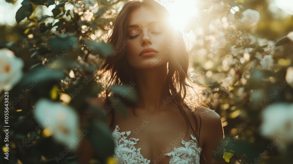 A serene portrait of a woman in a delicate white lace dress, surrounded by blooming flowers, basking in the sunlight with a calm expression on her face. A serene portrait of a woman in a delicate white lace dress, surrounded by blooming flowers, basking in the sunlight with a calm expression on her face.