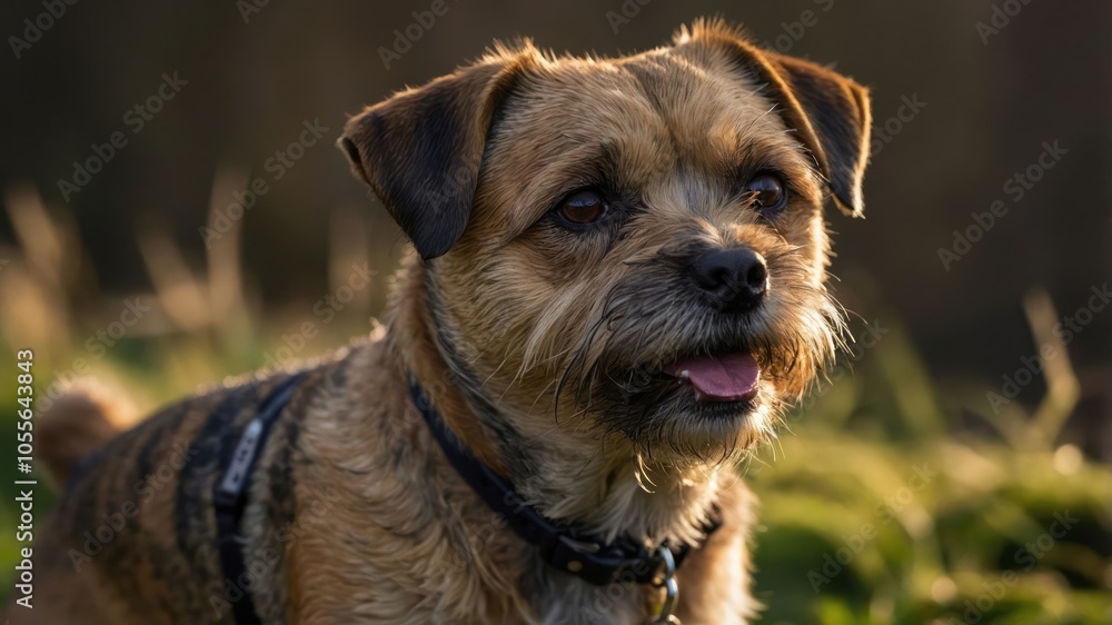 A close-up of a dog with a playful expression in a natural outdoor setting.