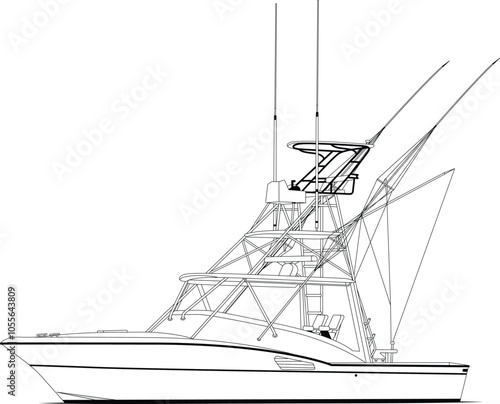 Sport fishing boat vector line art illustration and one-color