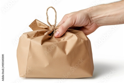 Hand holding a kraft gift bag