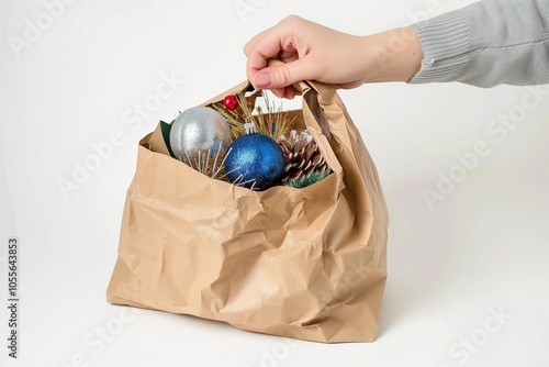 Hand holding a kraft bag of Christmas gifts