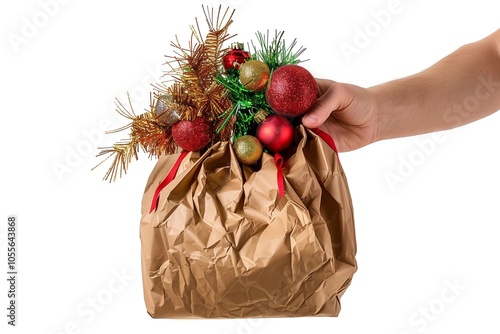 Hand holding a kraft bag of Christmas gifts
