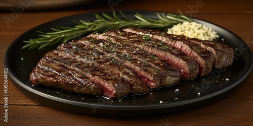 a steak on a plate with a side of rice photo