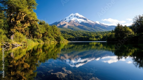 A serene lake perfectly reflects a majestic snow-capped mountain surrounded by lush greenery, presenting a tranquil and harmonious natural scene.