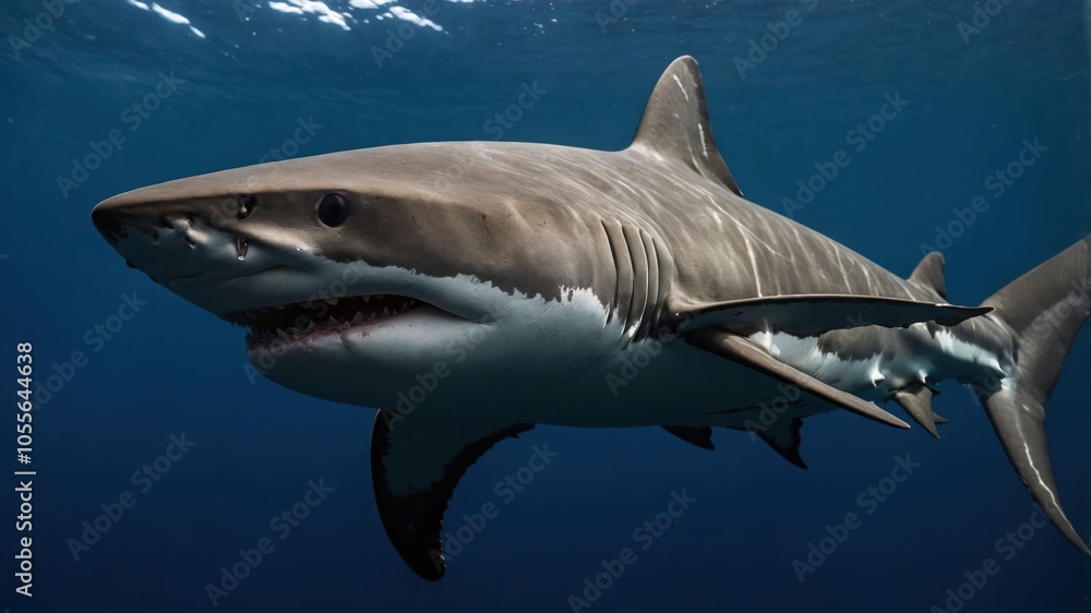 A close-up view of a shark swimming in deep blue ocean waters. A close-up view of a shark swimming in deep blue ocean waters.